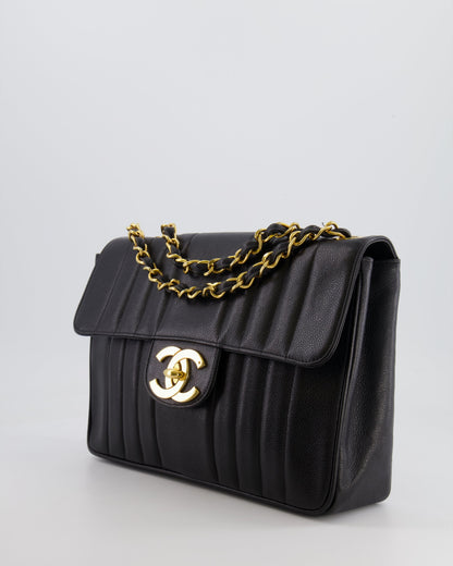 Chanel Vintage Black Mademoiselle XL Single Flap Bag in Grained Leather with 24k Gold Hardware
