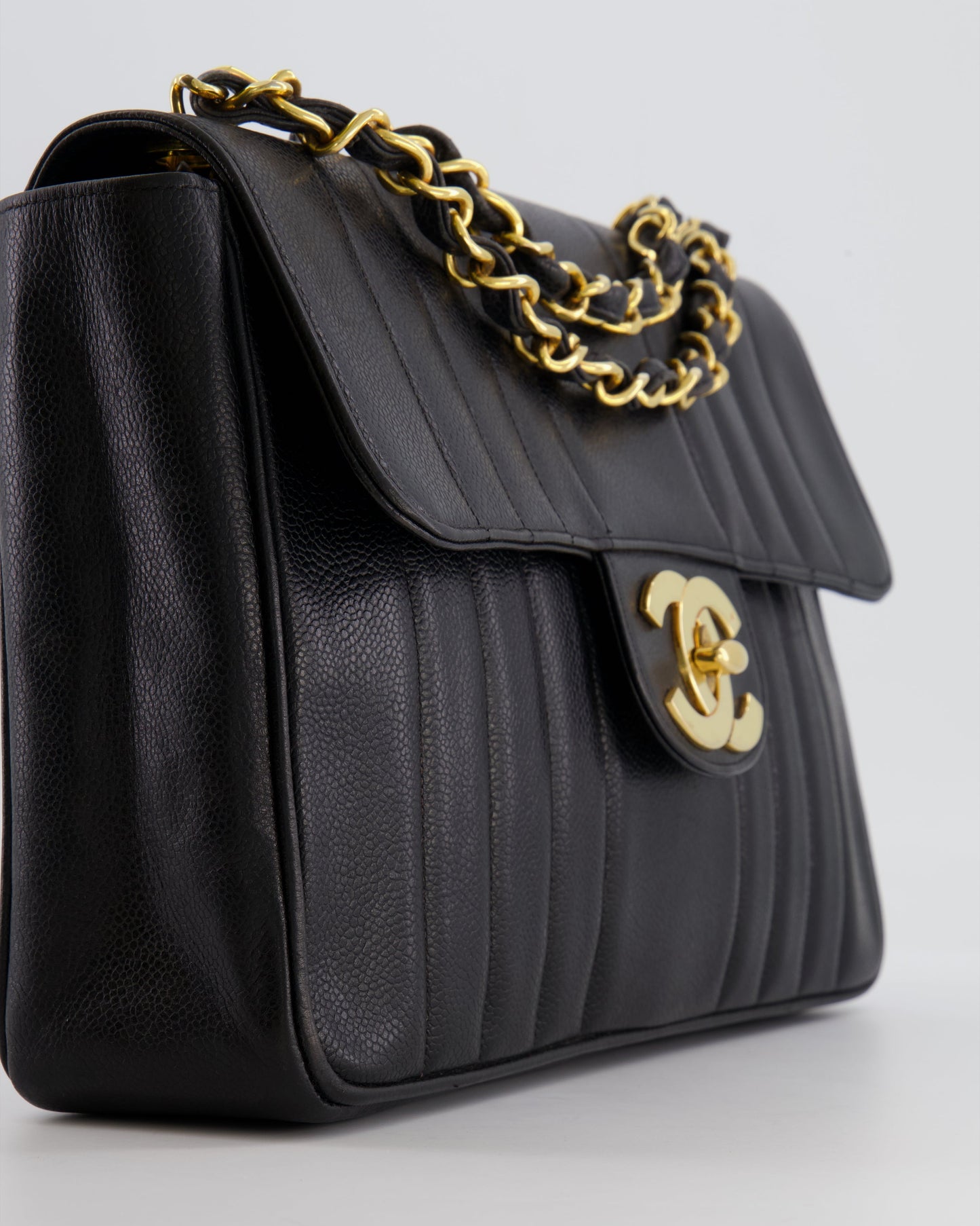 Chanel Vintage Black Mademoiselle XL Single Flap Bag in Grained Leather with 24k Gold Hardware