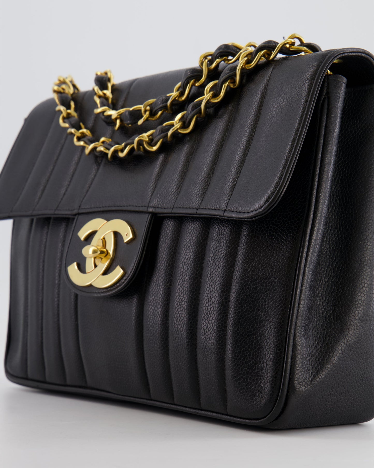 Chanel Vintage Black Mademoiselle XL Single Flap Bag in Grained Leather with 24k Gold Hardware