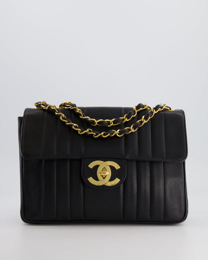 Chanel Vintage Black Mademoiselle XL Single Flap Bag in Grained Leather with 24k Gold Hardware