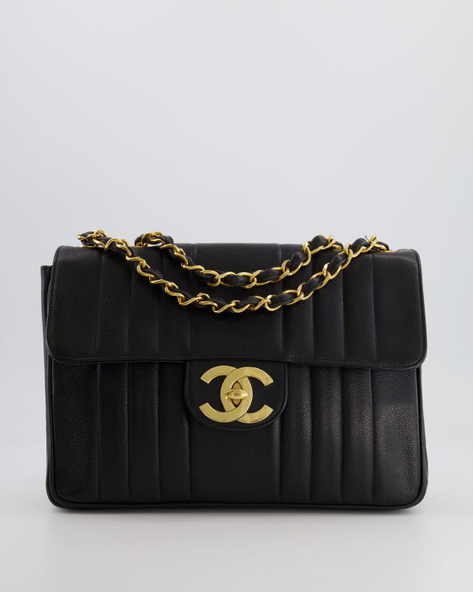 Chanel Vintage Black Mademoiselle XL Single Flap Bag in Grained Leather with 24k Gold Hardware