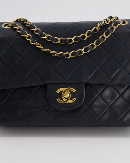 Chanel Vintage Navy Medium Classic Double Flap Bag in Lambskin Leather with 24K Gold Hardware
