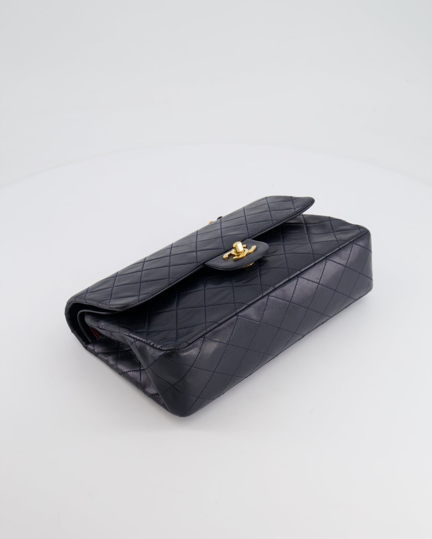 Chanel Vintage Navy Medium Classic Double Flap Bag in Lambskin Leather with 24K Gold Hardware