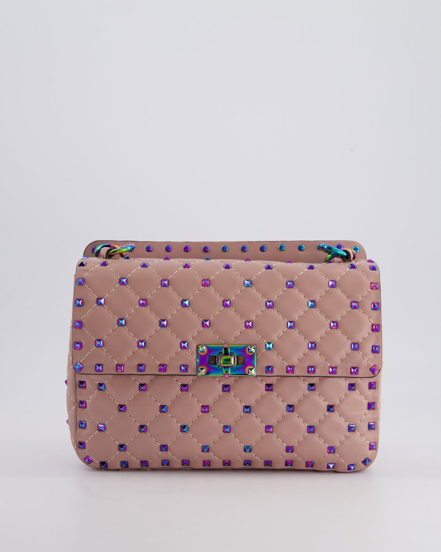 Valentino Pink Medium Rockstud Spike Top Handle Bag in Calfskin Leather with Rainbow Studs & Chain Detail RRP £2,450