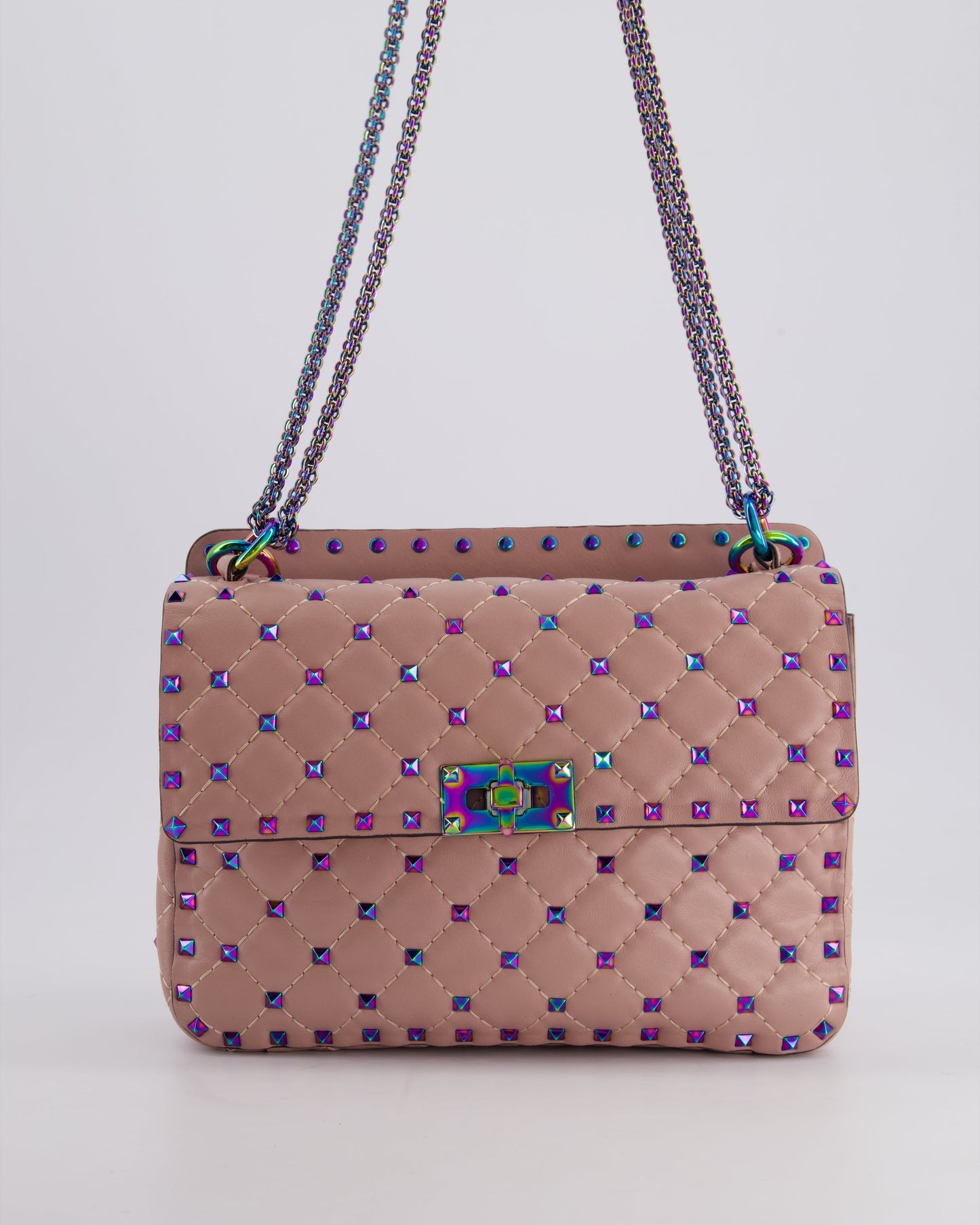 Valentino Pink Medium Rockstud Spike Top Handle Bag in Calfskin Leather with Rainbow Studs & Chain Detail RRP £2,450