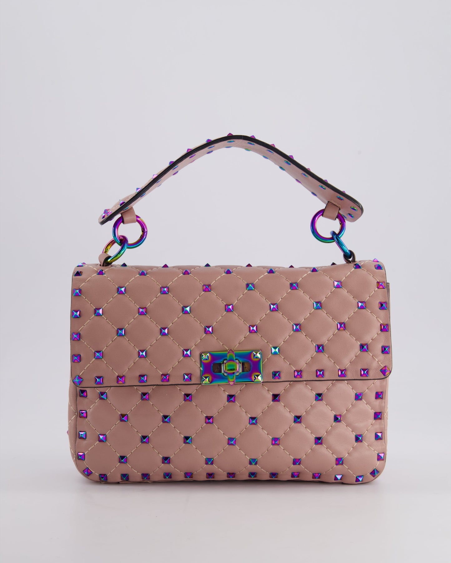 Valentino Pink Medium Rockstud Spike Top Handle Bag in Calfskin Leather with Rainbow Studs & Chain Detail RRP £2,450