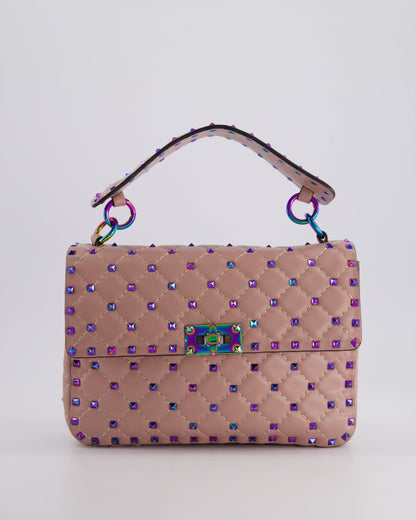 Valentino Pink Medium Rockstud Spike Top Handle Bag in Calfskin Leather with Rainbow Studs & Chain Detail RRP £2,450