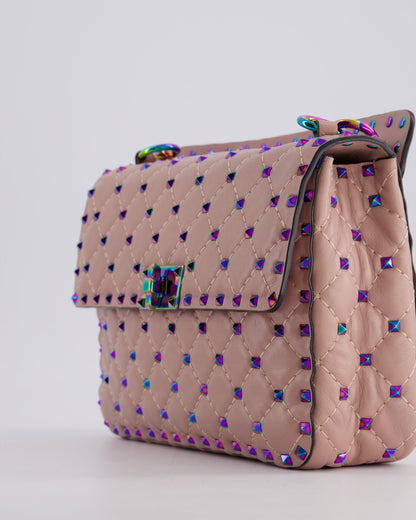 Valentino Pink Medium Rockstud Spike Top Handle Bag in Calfskin Leather with Rainbow Studs & Chain Detail RRP £2,450