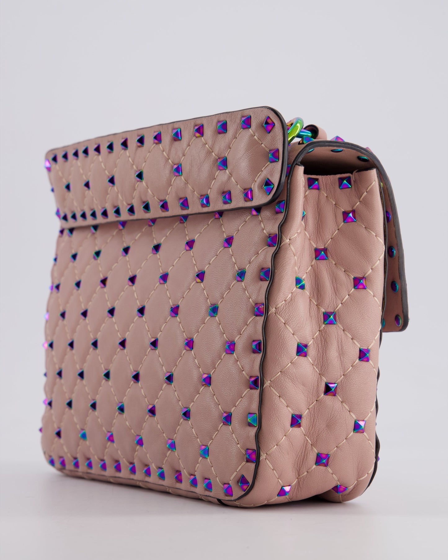 Valentino Pink Medium Rockstud Spike Top Handle Bag in Calfskin Leather with Rainbow Studs & Chain Detail RRP £2,450