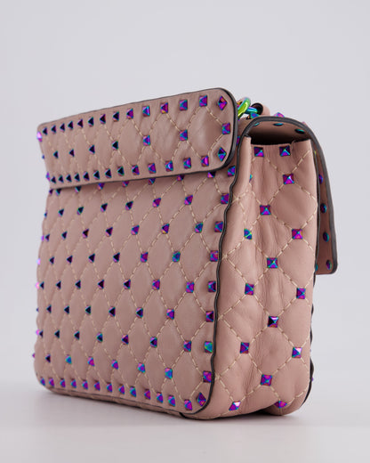 Valentino Pink Medium Rockstud Spike Top Handle Bag in Calfskin Leather with Rainbow Studs & Chain Detail RRP £2,450