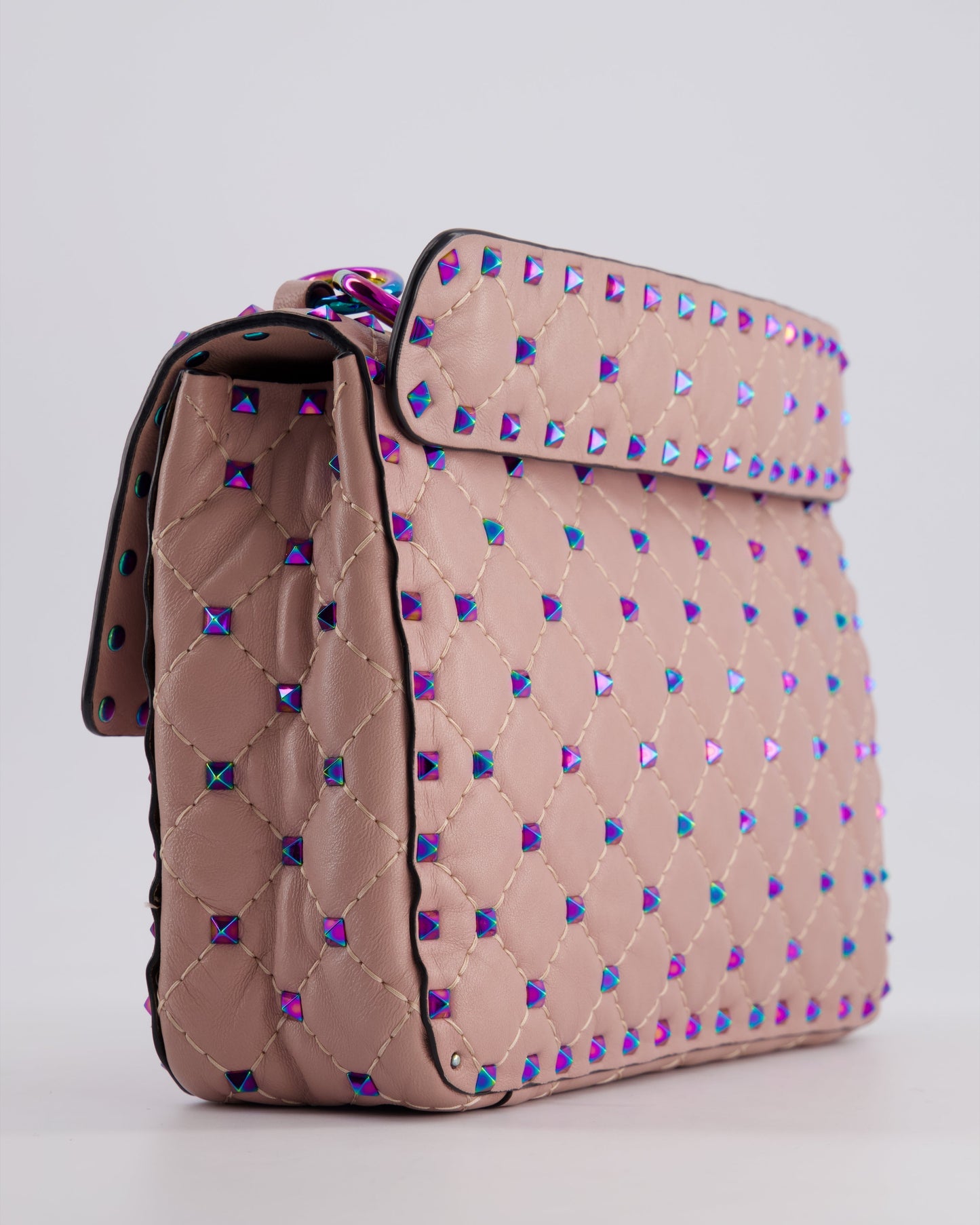 Valentino Pink Medium Rockstud Spike Top Handle Bag in Calfskin Leather with Rainbow Studs & Chain Detail RRP £2,450