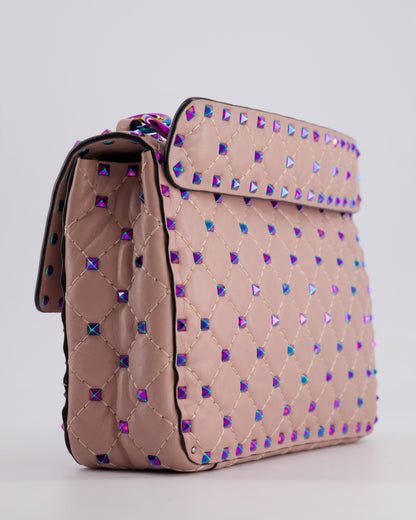 Valentino Pink Medium Rockstud Spike Top Handle Bag in Calfskin Leather with Rainbow Studs & Chain Detail RRP £2,450