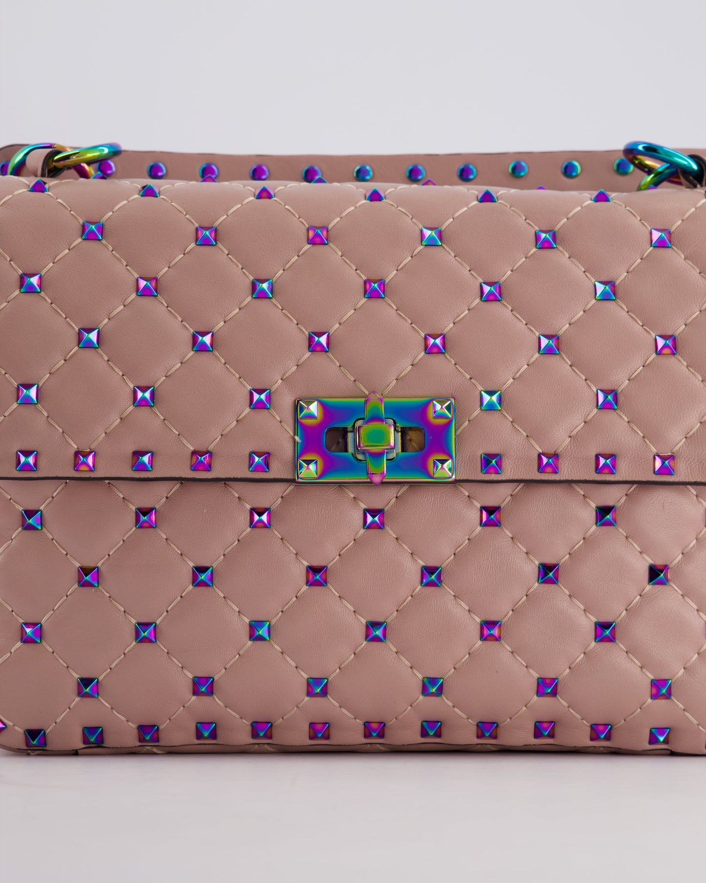 Valentino Pink Medium Rockstud Spike Top Handle Bag in Calfskin Leather with Rainbow Studs & Chain Detail RRP £2,450