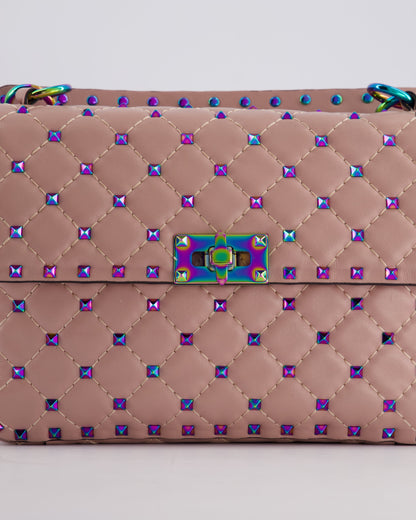 Valentino Pink Medium Rockstud Spike Top Handle Bag in Calfskin Leather with Rainbow Studs & Chain Detail RRP £2,450