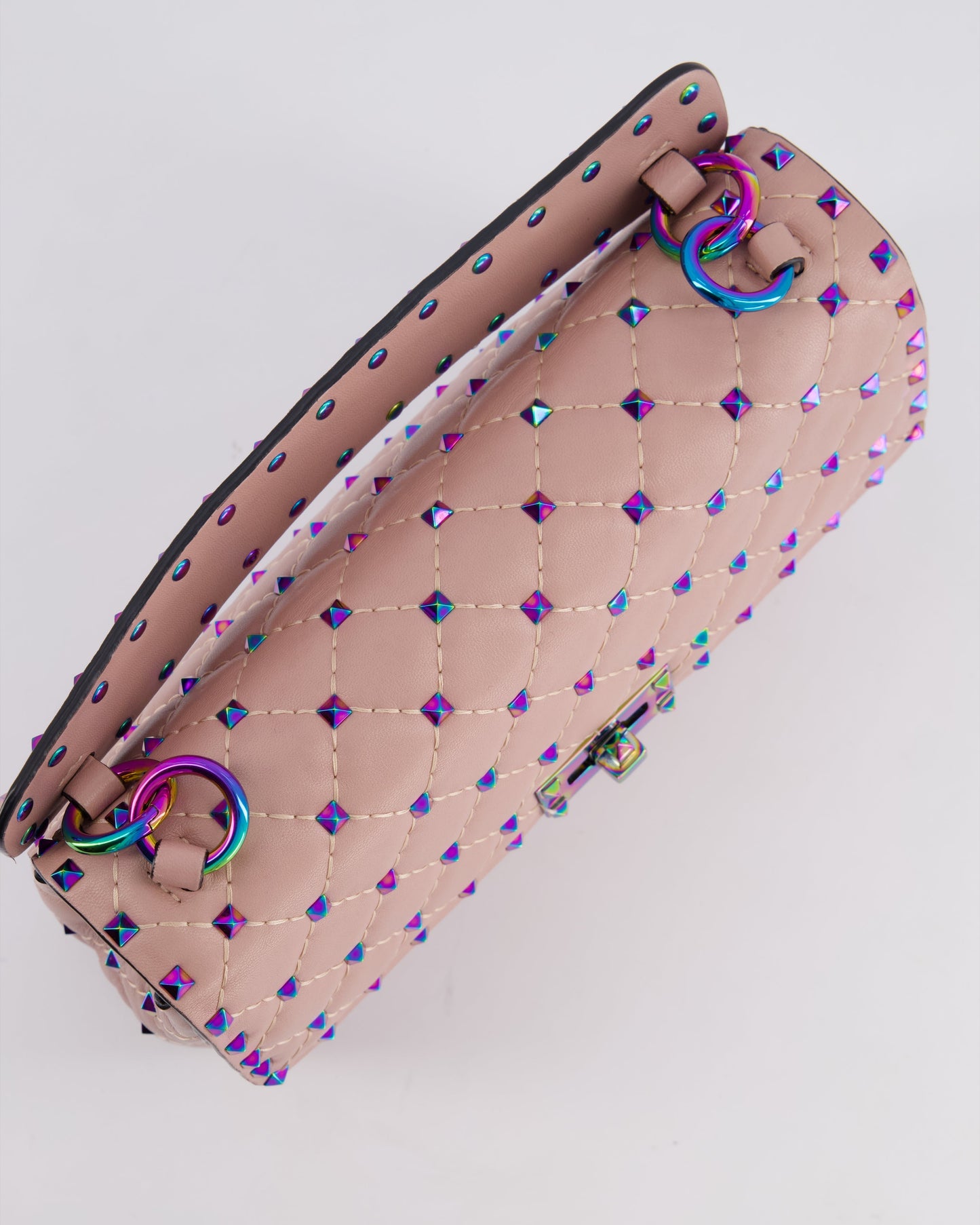 Valentino Pink Medium Rockstud Spike Top Handle Bag in Calfskin Leather with Rainbow Studs & Chain Detail RRP £2,450