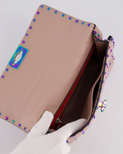 Valentino Pink Medium Rockstud Spike Top Handle Bag in Calfskin Leather with Rainbow Studs & Chain Detail RRP £2,450