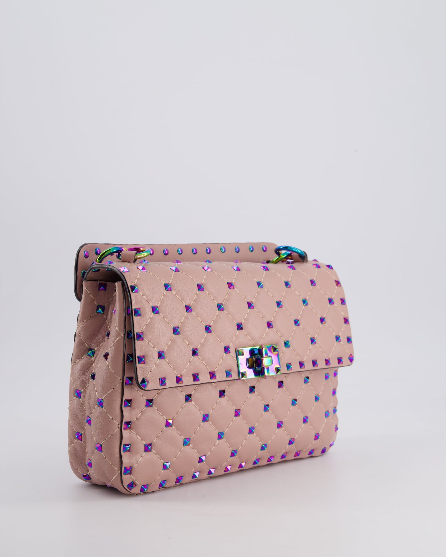 Valentino Pink Medium Rockstud Spike Top Handle Bag in Calfskin Leather with Rainbow Studs & Chain Detail RRP £2,450