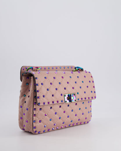 Valentino Pink Medium Rockstud Spike Top Handle Bag in Calfskin Leather with Rainbow Studs & Chain Detail RRP £2,450