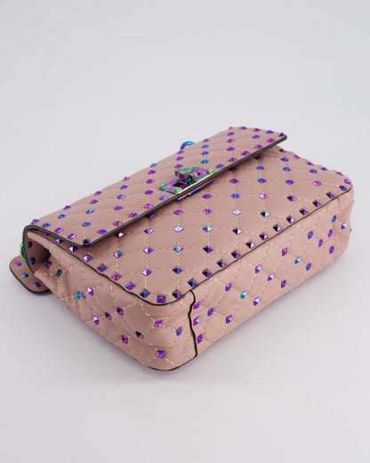 Valentino Pink Medium Rockstud Spike Top Handle Bag in Calfskin Leather with Rainbow Studs & Chain Detail RRP £2,450