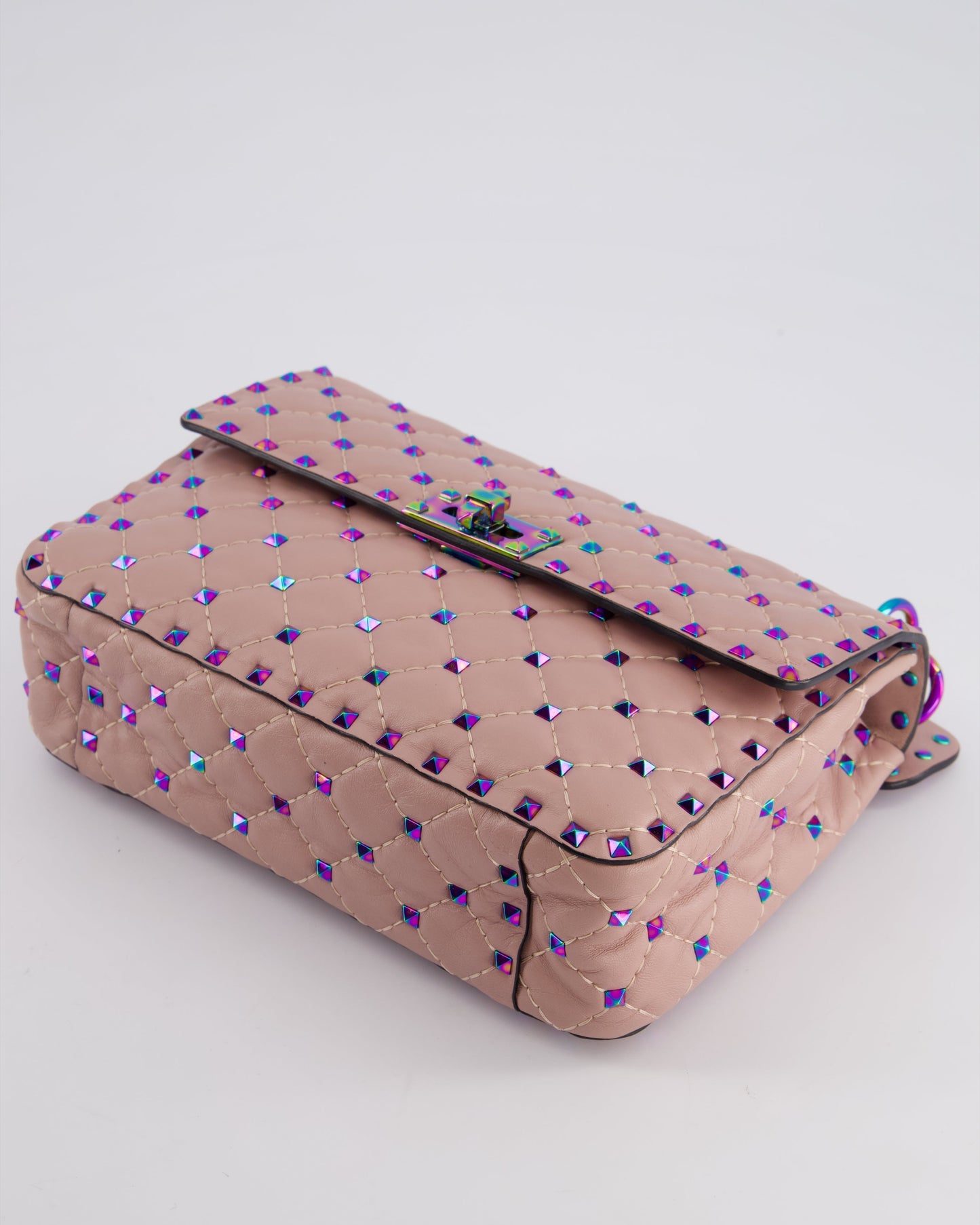 Valentino Pink Medium Rockstud Spike Top Handle Bag in Calfskin Leather with Rainbow Studs & Chain Detail RRP £2,450