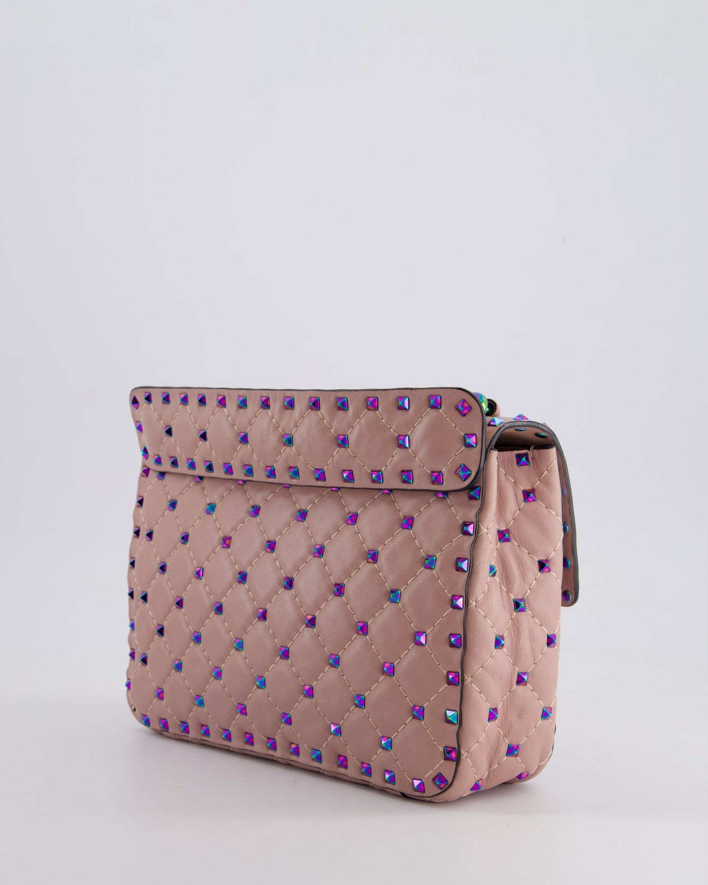 Valentino Pink Medium Rockstud Spike Top Handle Bag in Calfskin Leather with Rainbow Studs & Chain Detail RRP £2,450