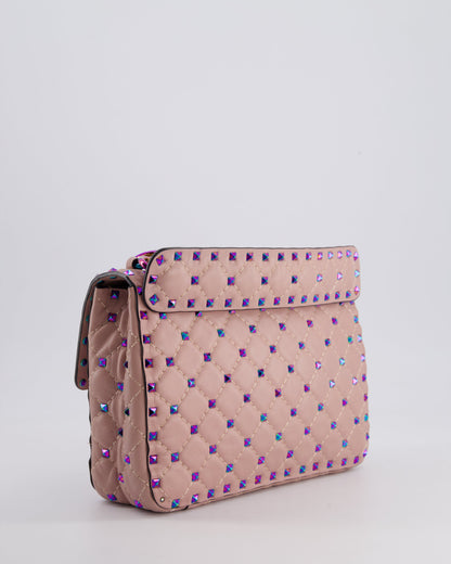 Valentino Pink Medium Rockstud Spike Top Handle Bag in Calfskin Leather with Rainbow Studs & Chain Detail RRP £2,450