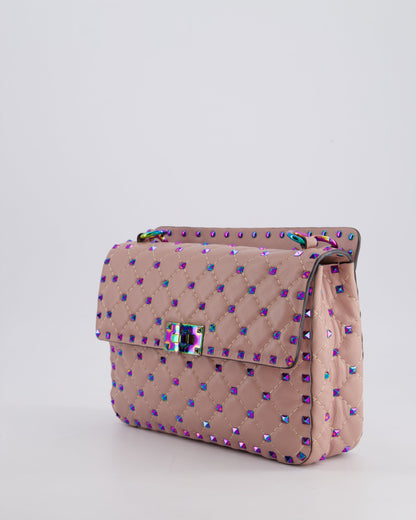 Valentino Pink Medium Rockstud Spike Top Handle Bag in Calfskin Leather with Rainbow Studs & Chain Detail RRP £2,450