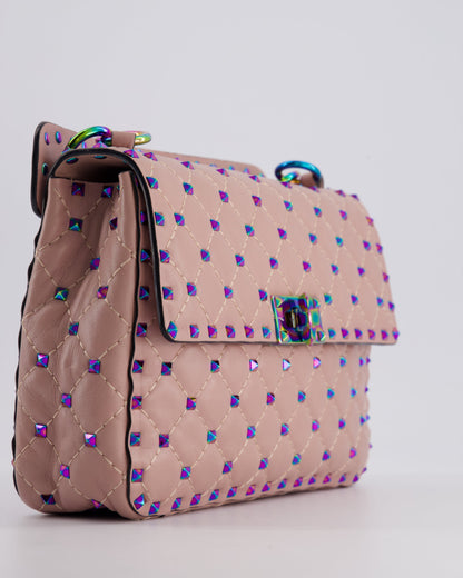 Valentino Pink Medium Rockstud Spike Top Handle Bag in Calfskin Leather with Rainbow Studs & Chain Detail RRP £2,450