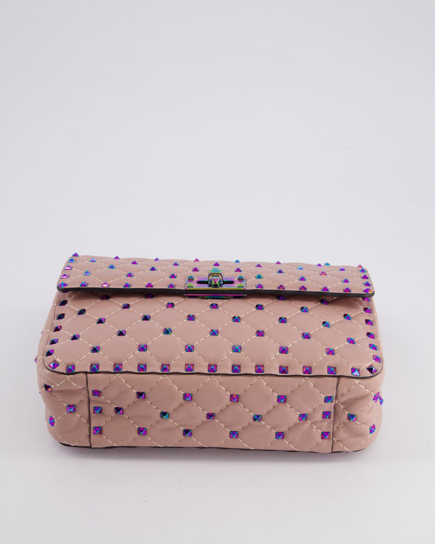 Valentino Pink Medium Rockstud Spike Top Handle Bag in Calfskin Leather with Rainbow Studs & Chain Detail RRP £2,450