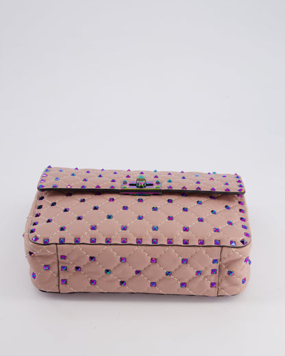 Valentino Pink Medium Rockstud Spike Top Handle Bag in Calfskin Leather with Rainbow Studs & Chain Detail RRP £2,450