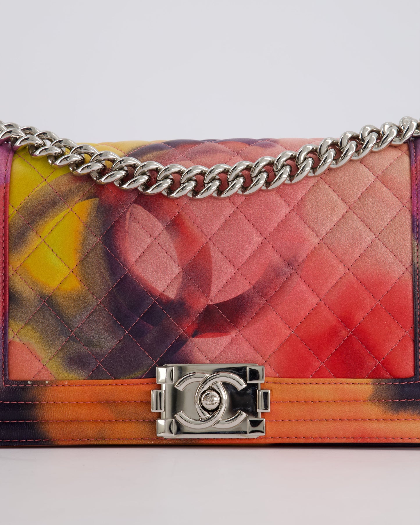 Chanel 14/S Pink Flower Power Quilted CC Lambskin Medium Boy Bag with Polished Silver Hardware