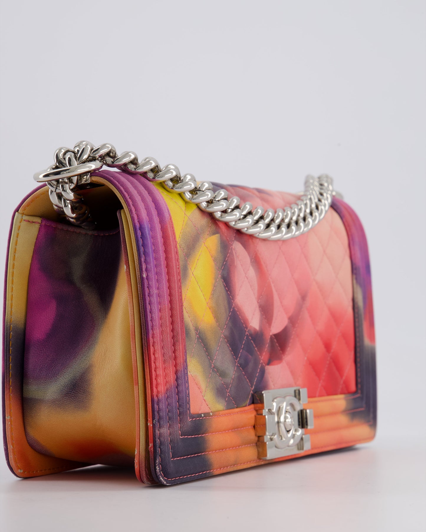 Chanel 14/S Pink Flower Power Quilted CC Lambskin Medium Boy Bag with Polished Silver Hardware