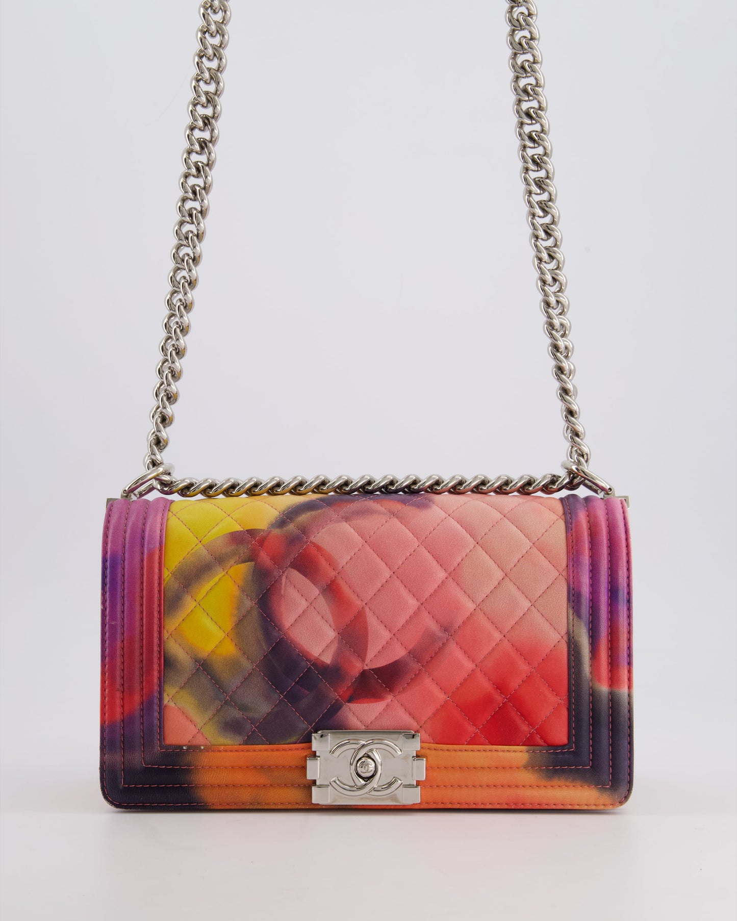 Chanel 14/S Pink Flower Power Quilted CC Lambskin Medium Boy Bag with Polished Silver Hardware