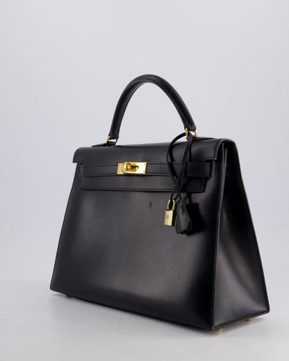 Hermès Vintage Kelly 32cm Sellier Bag in Noir Box Calf Leather with Gold Hardware