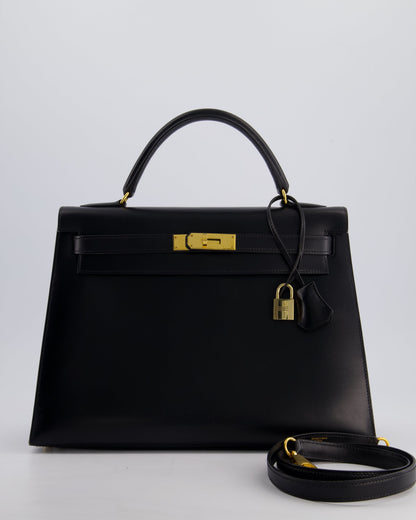 Hermès Vintage Kelly 32cm Sellier Bag in Noir Box Calf Leather with Gold Hardware