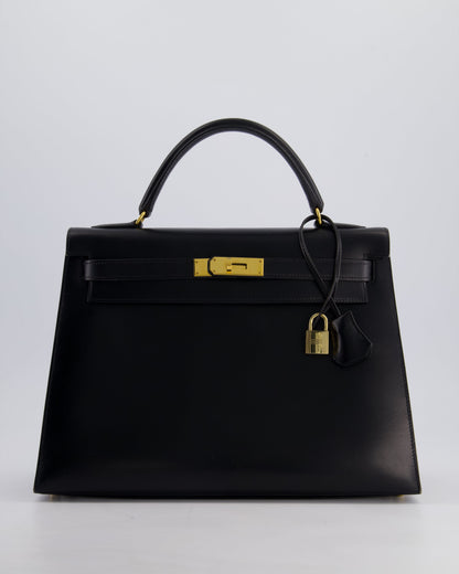 Hermès Vintage Kelly 32cm Sellier Bag in Noir Box Calf Leather with Gold Hardware