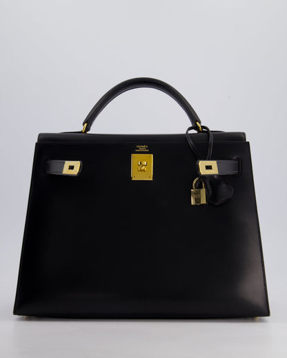 Hermès Vintage Kelly 32cm Sellier Bag in Noir Box Calf Leather with Gold Hardware
