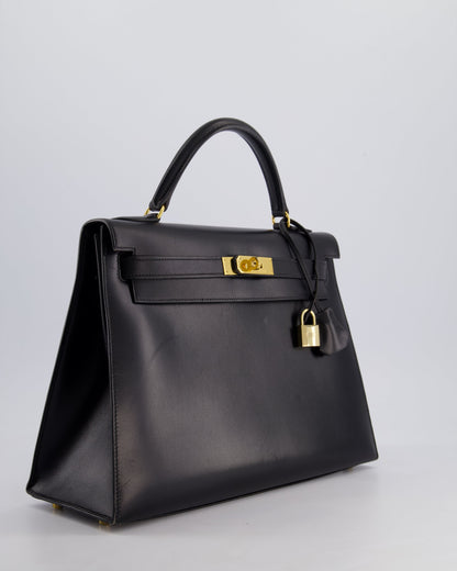 Hermès Vintage Kelly 32cm Sellier Bag in Noir Box Calf Leather with Gold Hardware