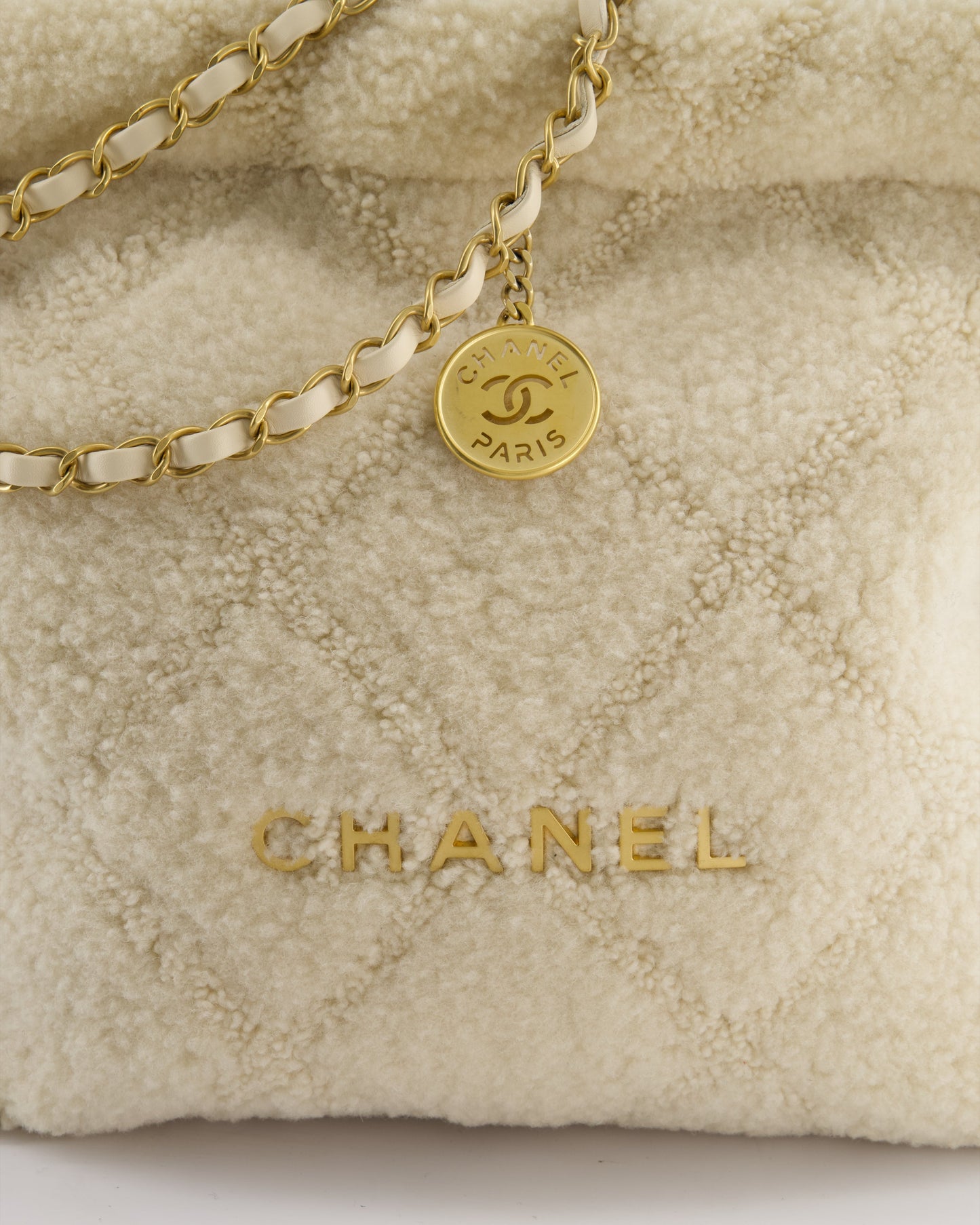 Chanel 24/K Beige Large 22 Shearling Bag with Champagne Gold Hardware