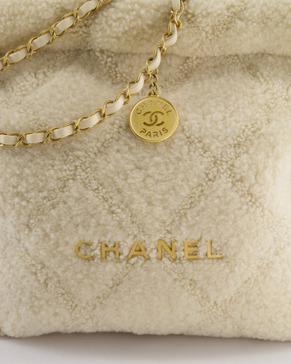Chanel 24/K Beige Large 22 Shearling Bag with Champagne Gold Hardware