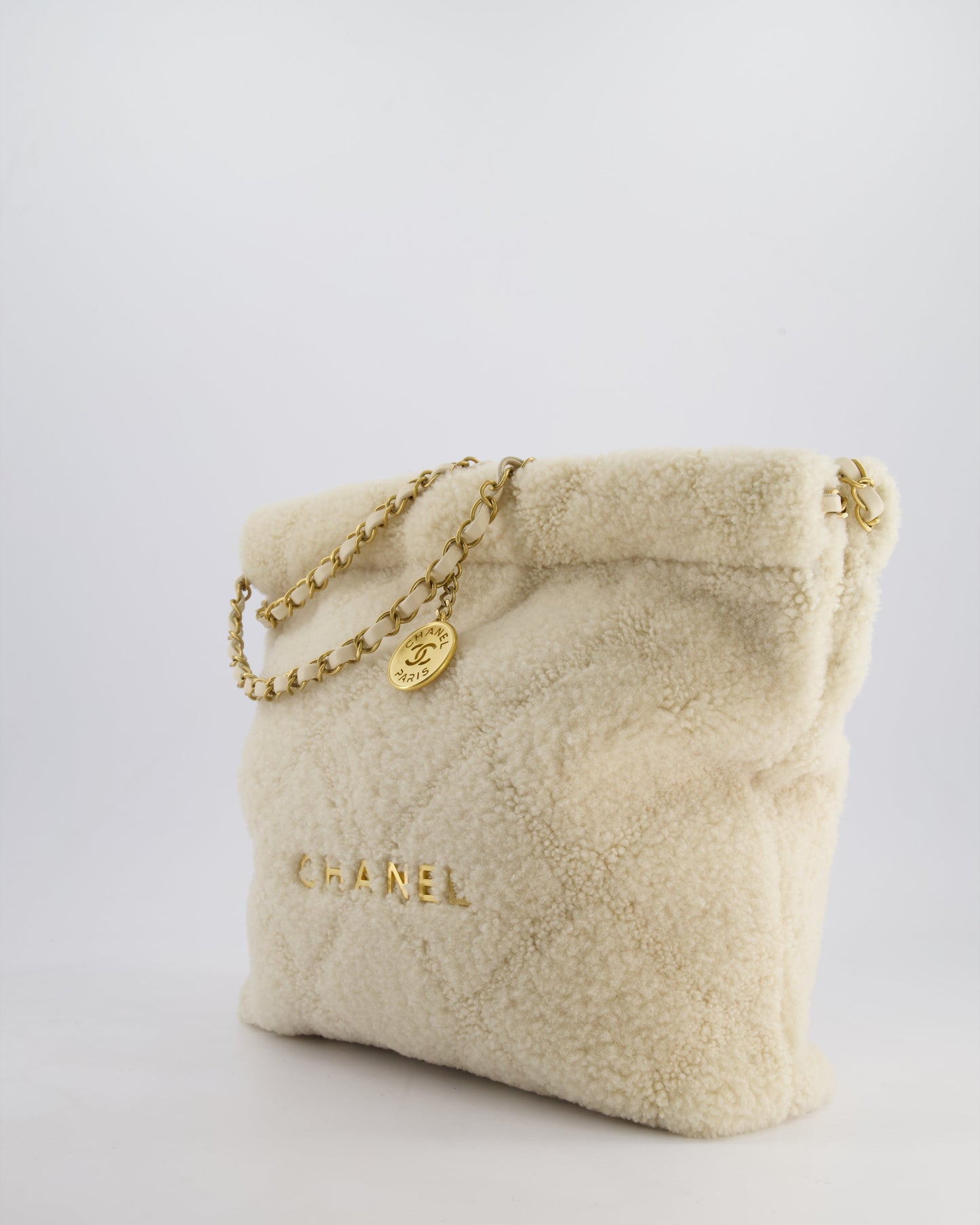 Chanel 24/K Beige Large 22 Shearling Bag with Champagne Gold Hardware
