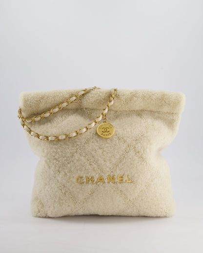 Chanel 24/K Beige Large 22 Shearling Bag with Champagne Gold Hardware