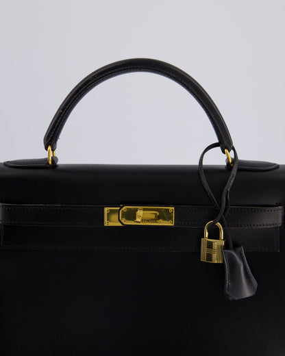 Hermès Vintage Kelly 32cm Sellier Bag in Noir Box Calf Leather with Gold Hardware