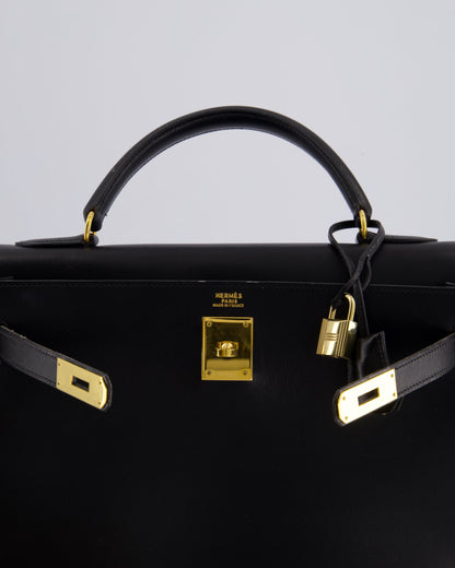 Hermès Vintage Kelly 32cm Sellier Bag in Noir Box Calf Leather with Gold Hardware