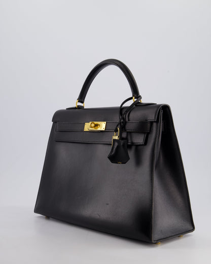 Hermès Vintage Kelly 32cm Sellier Bag in Noir Box Calf Leather with Gold Hardware