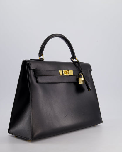 Hermès Vintage Kelly 32cm Sellier Bag in Noir Box Calf Leather with Gold Hardware