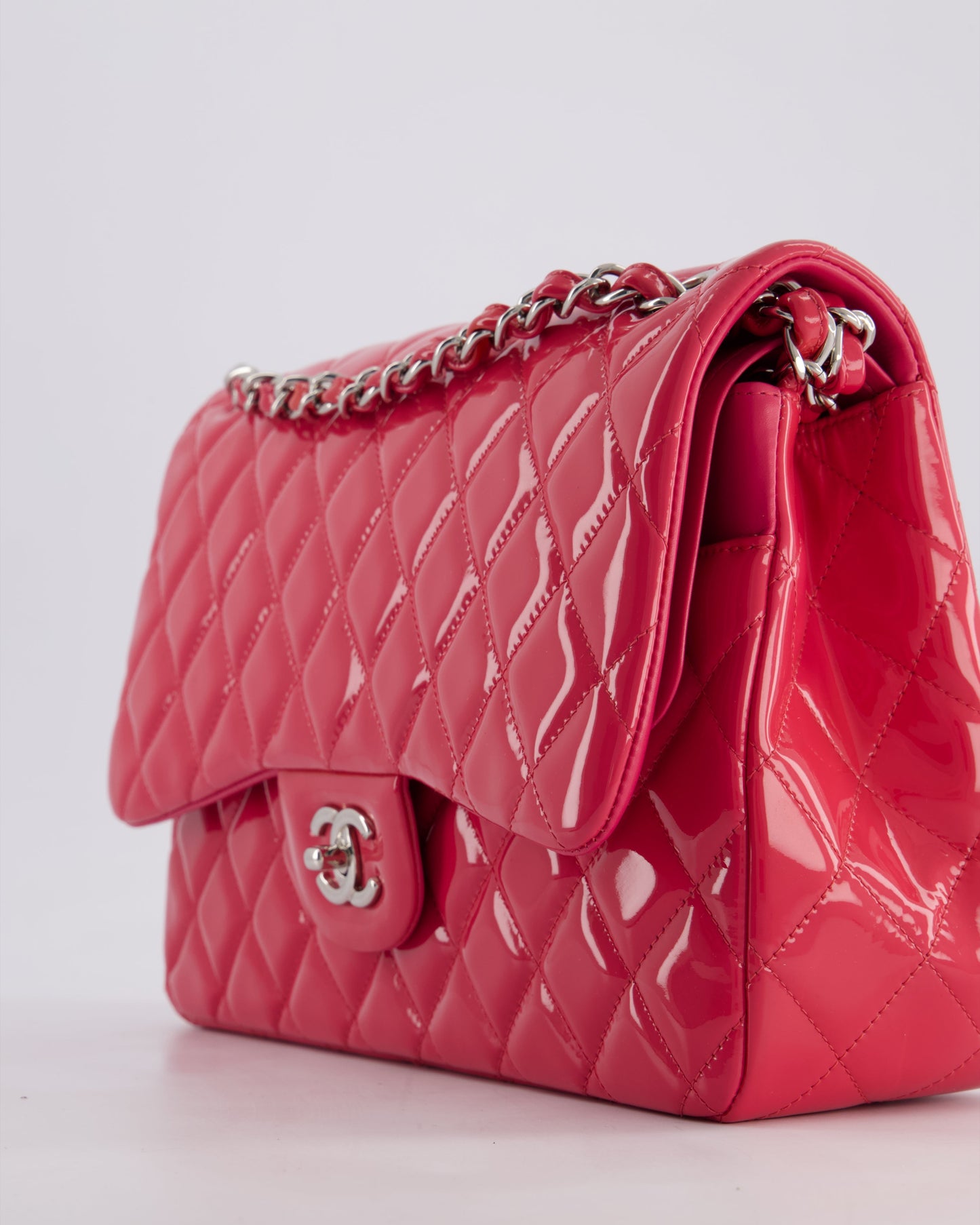 *HOT & FIRE PRICE* Chanel Glossy Raspberry Pink Jumbo Classic Double Flap Bag in Patent Leather with Silver Hardware RRP £9,540