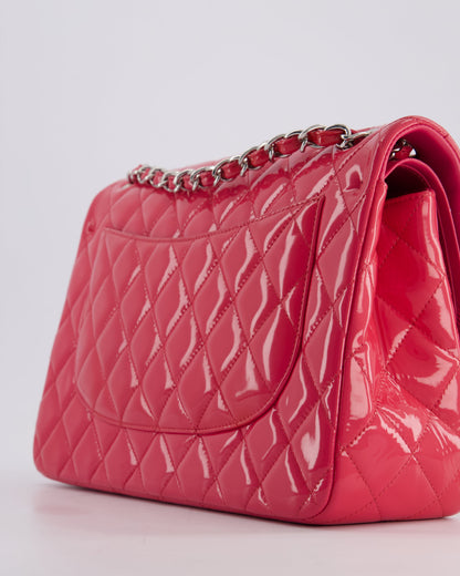 *HOT & FIRE PRICE* Chanel Glossy Raspberry Pink Jumbo Classic Double Flap Bag in Patent Leather with Silver Hardware RRP £9,540