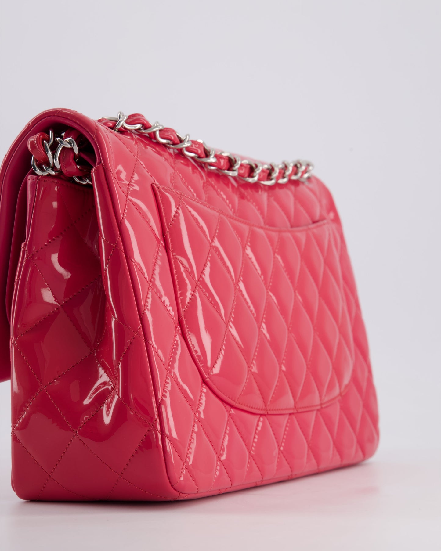 *HOT & FIRE PRICE* Chanel Glossy Raspberry Pink Jumbo Classic Double Flap Bag in Patent Leather with Silver Hardware RRP £9,540