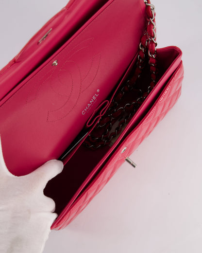 *HOT & FIRE PRICE* Chanel Glossy Raspberry Pink Jumbo Classic Double Flap Bag in Patent Leather with Silver Hardware RRP £9,540